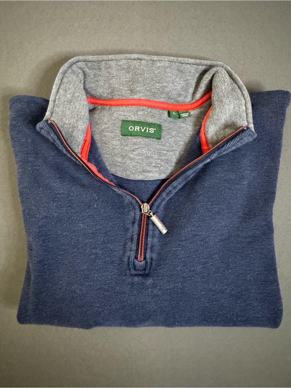 Orvis Men’s Navy Quarter Zip-Up Sweater with Gray Trim Cotton Blend SIze L